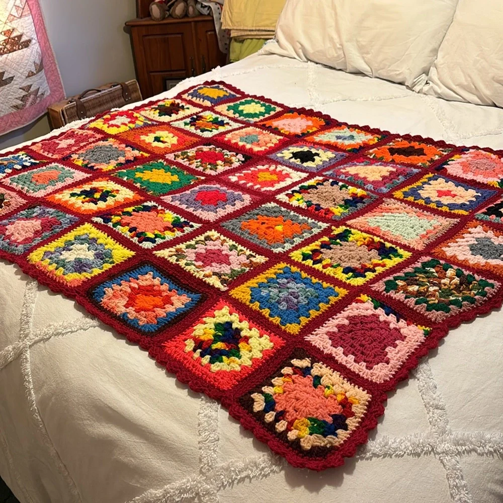 Crocheted Granny Square Multi Colored Afghan Lap Blanket - NEW